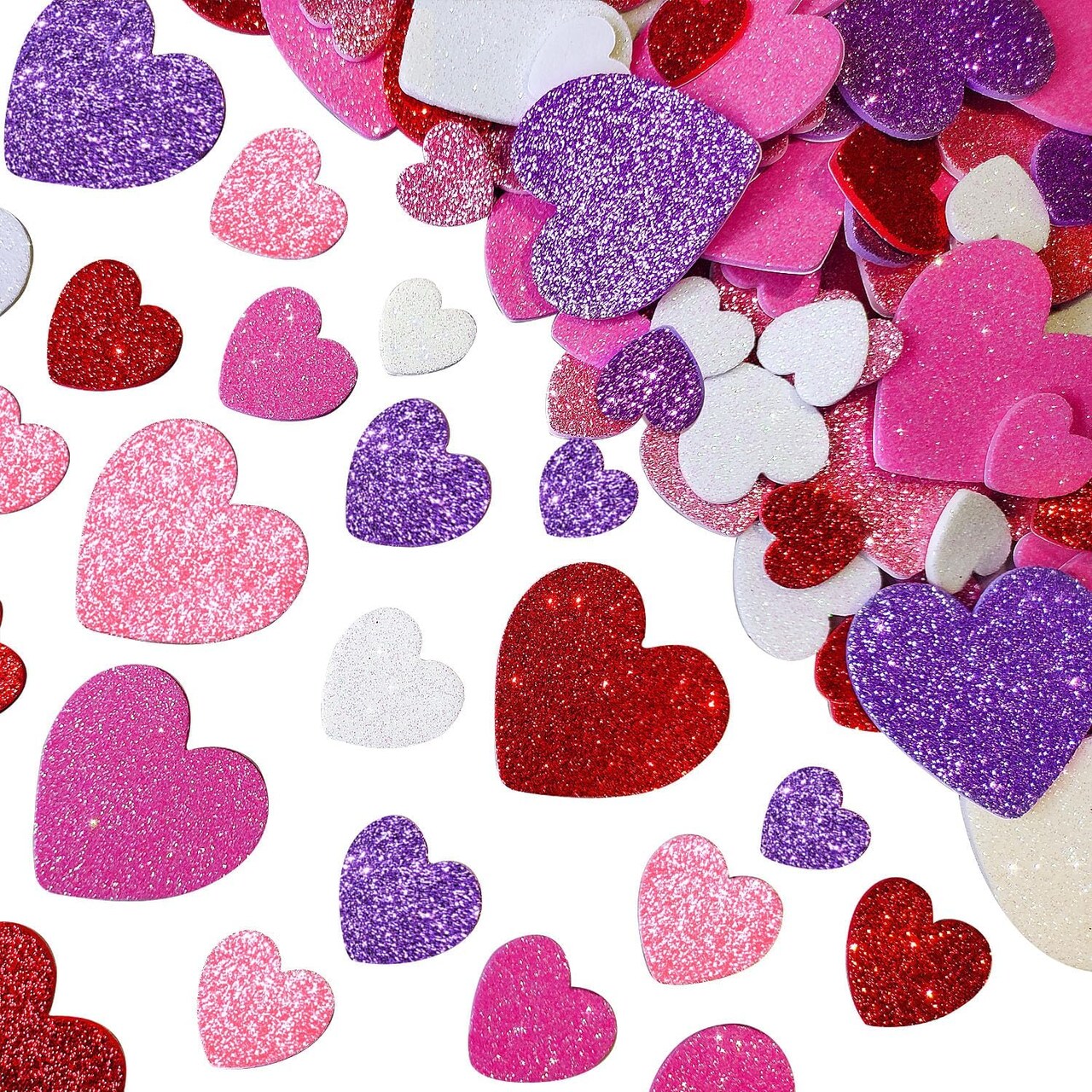 180 PCS Valentine Foam Heart Stickers – Self-Adhesive Glitter Foam Hearts in Red, Pink, Rose, White & Purple for DIY Crafts, Scrapbooking, Greeting Cards, Party & Holiday Decorations